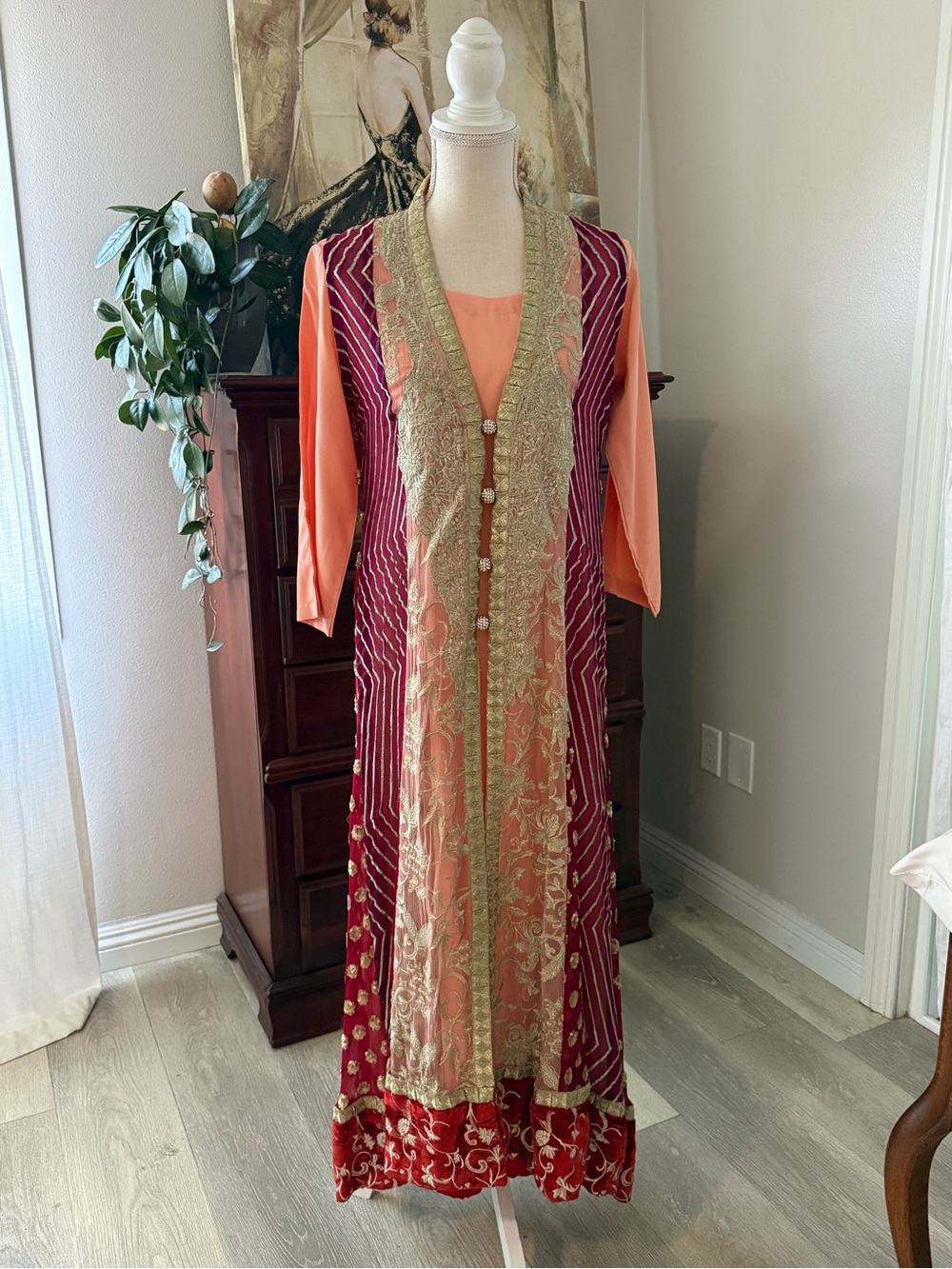 Embroidered Long Anarkaki Dress in Coral & Maroon